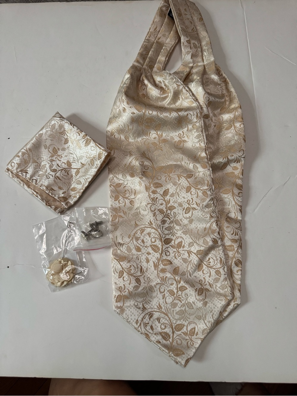 Cream and Gold Floral Satin Cravat Necktie Set